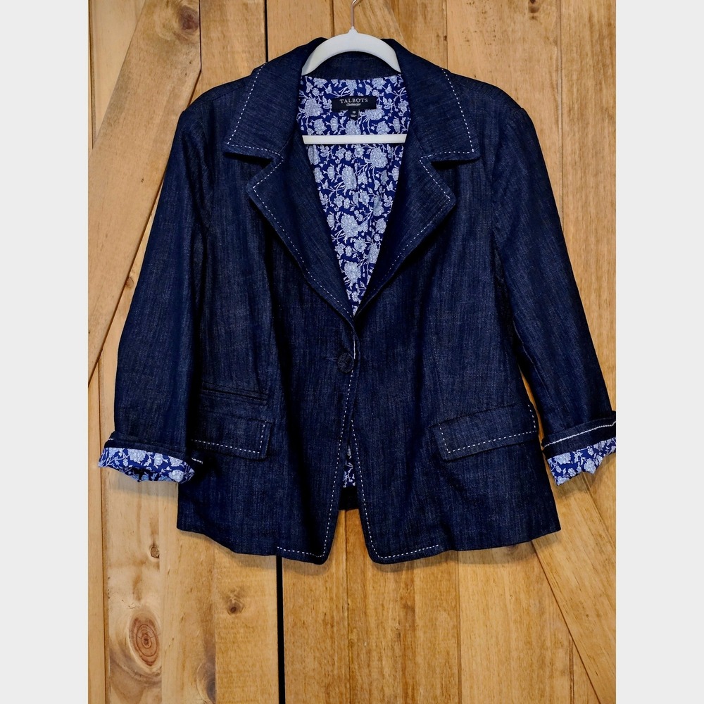 Talbots Indigo Denim Blazer Women's 18 Jacket Contrast Stitch Floral Lining